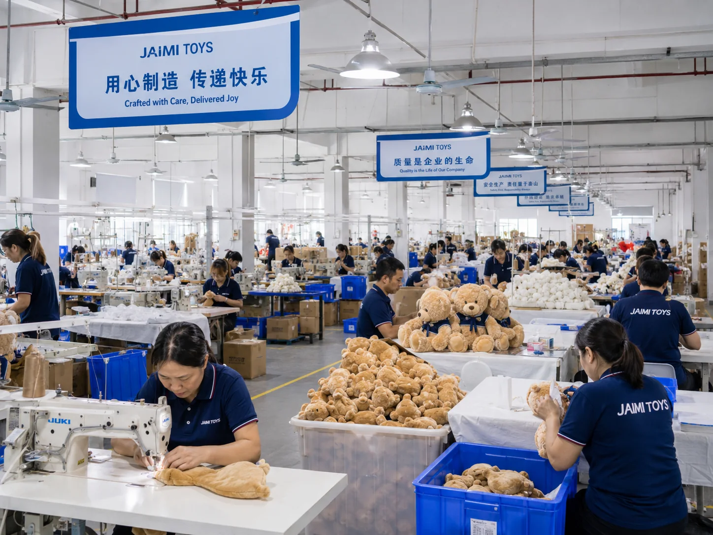 Chinese production team manufacturing plush toys in navy uniforms