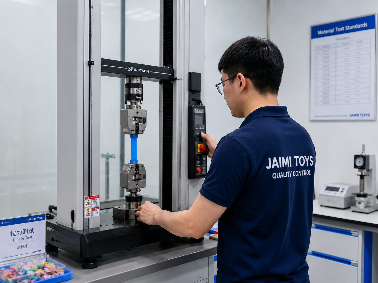 Chinese quality technician conducting a material tensile test